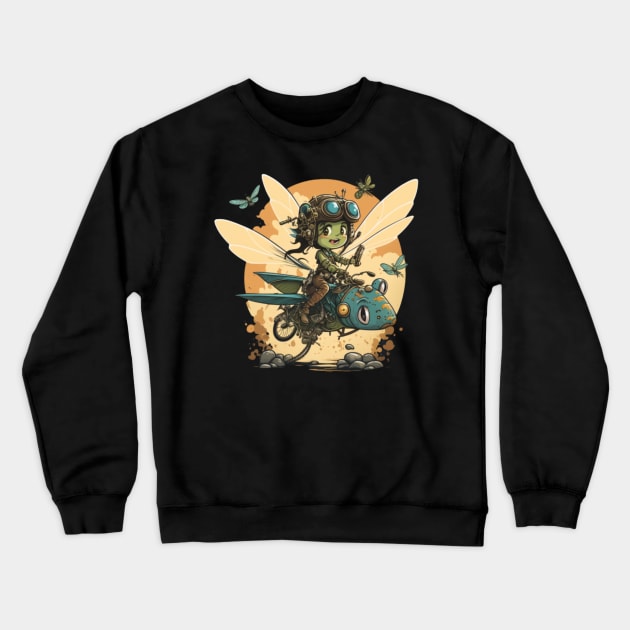 Steampunk Battle Fairy Ridging a Mechanical Dragonfly Crewneck Sweatshirt by ForbiddenGeek